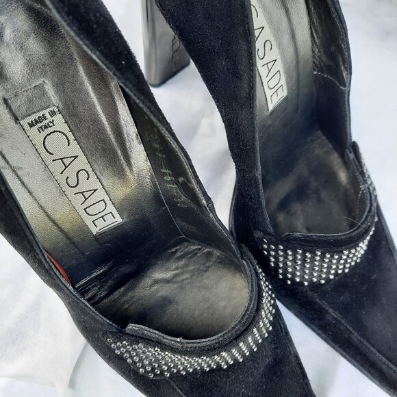 Vintage 90s Casadei Heels Square Toe US Size 8 Black Suede Studded Pumps - Picture 14 of 14